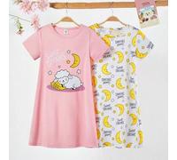 Shein Set de 2 piezas de pijama y camisón con estampado de ovejas de dibujos animados lindos para niñas, de moda minimalista en rosa y gris