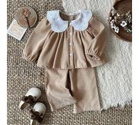 Shein Set de 2 piezas de ropa casual de estilo campestre para bebé niña recién nacida y niña pequeña de 0 a 3 años, que incluye camisa de cuello Peter Pan d