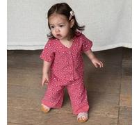 Shein Set de 2 piezas de ropa casual de verano para niñas pequeñas, que incluye blusa de manga corta con estampado floral en toda la prenda y pantalones rec