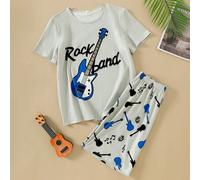 Shein Set de 2 piezas de ropa casual para adolescentes varones, camiseta de manga corta con estampado de guitarra gris y pantalones cortos de estar en casa