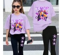 Shein Set de 2 piezas de ropa casual para niñas, que incluye una camiseta holgada con estampado de eslogan neón "K-POP" y grupo de chicas, combinada con pan