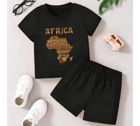Shein Set de 2 piezas de ropa casual para niño, camiseta de manga corta con cuello redondo con estampado geométrico vintage de montañas y letras "AFRICA" em