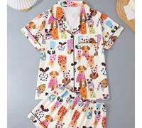 Shein Set de 2 piezas de ropa de dormir casual para mujer, shorts y camisa con cuello polo y botones, con estampado de perro de dibujos animados, transpirab