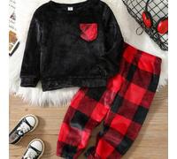 Shein Set de 2 piezas de ropa de dormir informal para niño pequeño, con pantalón de pijama a cuadros y conjunto de top de manga larga cuello redondo con bol