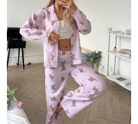 Shein Set de 2 piezas de ropa de estar en casa con parte superior de manga larga con estampado de oso y pantalones de cintura elástica, ropa de estar en cas