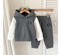 Shein Set de 2 piezas de ropa de invierno para bebé niño: Sudadera con capucha de jacquard casual gris y pantalones de cintura elástica para volver al coleg
