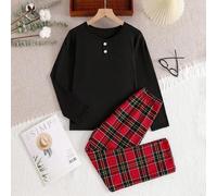 Shein Set de 2 piezas de ropa informal para niño preadolescente con top de manga larga gris sólido y pantalones casuales a cuadros clásicos