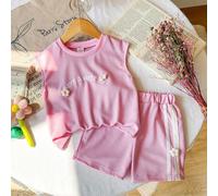 Shein Set de 2 piezas de ropa para niña, que incluye una camiseta sin mangas con flor de ganchillo 3D con el texto "Que tengas un buen día" y shorts, para p