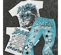 Shein Set de 2 piezas de silueta clásica y fresca con estampado de gafas de sol con estrella, camiseta con gráfico de texto de cultura de graffiti callejero