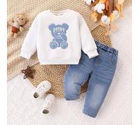 Shein Set de 2 piezas de sudadera de cuello redondo con forro térmico y pantalones de mezclilla para bebés niños, con bordado de oso lindo, ropa básica cómo