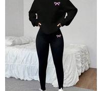 Shein Set de 2 piezas de sudadera de cuello redondo holgada y pantalones ajustados tipo leggings, con logo de lazo, ropa urbana, vintage, de vuelta al coleg