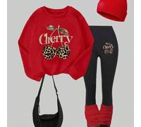 Shein Set de 2 piezas de sudadera de cuello redondo y leggings con estampado de guepardo y cereza para niñas, conjunto cómodo de otoño/invierno