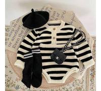 Shein Set de 2 piezas de suéter para bebé, parte superior de cárdigan tejido + pantalones triangulares, conjunto holgado de cuello redondo a rayas para prim