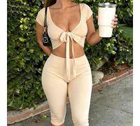 Shein Set de 2 piezas de top corto con amarres y leggings de unicolor para verano