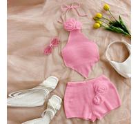 Shein Set de 2 piezas de top corto halter sin espalda con flor 3D y shorts súper cortos, para vacaciones sexis