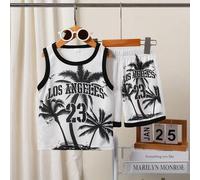 Shein Set de 2 piezas de top de malla de secado rápido con estampado de árbol de coco y letras, y shorts para niños y niñas de 3 a 7 años, para actividades