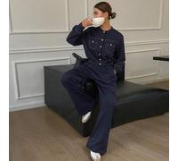 Shein Set de 2 piezas de top de manga larga con cuello redondo y botones delanteros, y pantalones de unicolor, nueva colección de otoño, ropa de vuelta al c