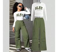 Shein Set de 2 piezas de top de manga larga con estampado gráfico "SLAY ALL DAY" y pantalones cargo de pierna recta para niñas preadolescentes, estilo urban