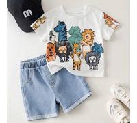 Shein Set de 2 piezas de top de punto holgado con cuello redondo y estampado de animales de crayón lindo + pantalones cortos de mezclilla, adecuado para uso