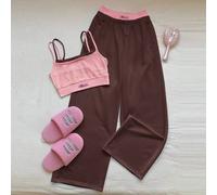 Shein Set de 2 piezas de top sin mangas y pantalones de color contrastante casual y deportivo, top rosa con pantalones marrones, nuevo conjunto de moda prim
