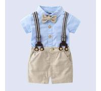 Shein Set de 2 piezas de traje de caballero para niños pequeños, camisa de manga corta azul con moño y pantalones cortos con tirantes, apto para boda, luna