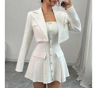 Shein Set de 2 piezas de traje sexy y elegante para fiesta: Vestido escotado sin tirantes + chaqueta corta, look elegante de alta gama para mujer