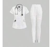 Shein Set de 2 piezas de uniforme de enfermera para mujeres, que incluye una blusa de pico moderno con 2 bolsillos y pantalones joggers elásticos en la cint
