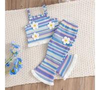 Shein Set de 2 piezas de verano para niña bebé con top camisa de tirantes de flores de ganchillo con flecos de tela texturada de colores + pantalones casu