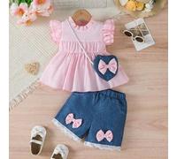 Shein Set de 2 piezas de vestido casual de manga corta color fucsia y shorts de encaje blanco con bolsillos y decoración de moño para niña pequeña, conjunto