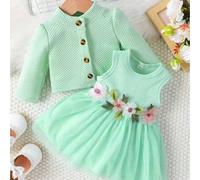 Shein Set de 2 piezas de vestido sin mangas con encaje floral y cárdigan de manga larga para bebé niña