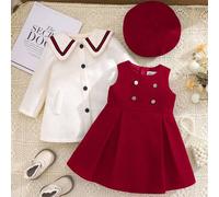 Shein Set de 2 piezas de vestido sin mangas y cárdigan a contraste con cuello Peter Pan de estilo universitario para bebé niña