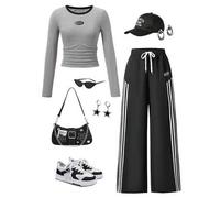 Shein Set de 2 piezas informal de deporte para adolescentes, camiseta de punto de manga larga con estampado de letras e iconos en blanco y pantalones anchos