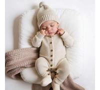 Shein Set de 2 piezas Mameluco de punto para recién nacido niño o niña con botones, mono para salida del hospital con gorro de pompón, ropa de bebé neutral