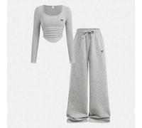 Shein Set de 2 piezas para adolescentes: Body de punto acanalado con bordado de texto "New York" en negro y pantalones casuales retro lavados con ácido, par