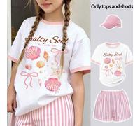 Shein Set de 2 piezas para adolescentes, Conjunto de Ropa de Estilo Oceánico Soñador, Camiseta holgada con estampado de conchas marinas y estrellas de mar,