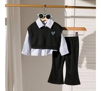 Shein Set de 2 piezas para bebé niña: chaleco sin mangas con bordado de corazón y camisa de manga larga a rayas con pantalones acampanados