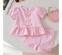 Shein Set de 2 piezas para bebé niña con top a rayas con moño 3D y shorts con volantes, estilo casual y elegante para exteriores