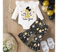 Shein Set de 2 piezas para bebé niña: Diadema minimalista de moda con moño, corazón y estrella, Pelele de manga larga con estampado de "Mi primer Año Nuevo"