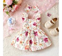 Shein Set de 2 piezas para bebé niña: vestido de verano con mangas de capa, tirantes de espagueti, estampado floral acuarelado encantador y diadema