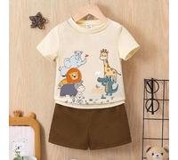 Shein Set de 2 piezas para bebé niño compuesto por camiseta de manga corta de cuello redondo con estampado de animales lindos "Bienvenido al Zoológico" y pa