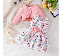 Shein Set de 2 piezas para bebés niñas: blusa de manga larga con volantes en color rosa y vestido casual sin mangas con estampado floral y decoración de moñ