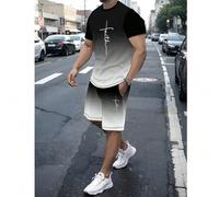 Shein Set de 2 piezas para hombre compuesto por camiseta de manga corta con estampado de París y pantalón corto con cordón en la cintura, conjunto de ropa d