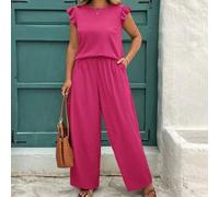 Shein Set de 2 piezas para mujer de talla grande, blusa de manga corta en color caqui y pantalones de pierna ancha con cintura elástica, elegante ropa de di