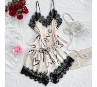 Shein Set de 2 piezas para mujer que incluye top de tirantes con escote en V con estampado de corazón y shorts elegantes con adorno de encaje, adecuado para