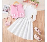 Shein Set de 2 piezas para niña/adolescente: Adorable chaleco elegante y casual sin mangas con lazo y vestido de cuello alto de manga farol de color liso, p