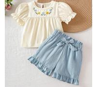 Shein Set de 2 piezas para niñas bebé con blusa con cuello de volantes con bordado de flores y hojas + pantalón corto de cintura elástica con borde de marip