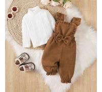 Shein Set de 2 piezas para niñas bebé de unicolor, top de manga larga con cuello alto + conjunto de peto con tirantes mariposa, adecuado para exterior, temp