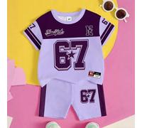 Shein Set de 2 piezas para niñas de 4 a 7 años, estilo deportivo americano con contraste de color morado y blanco + camiseta de manga corta con estampado nu