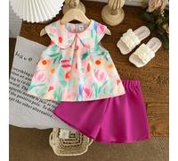 Shein Set de 2 piezas para niñas jóvenes con top sin mangas de cuello Peter Pan en colores lindos y llamativos, y shorts de unicolor. Conjunto de 2 piezas p