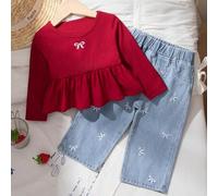 Shein Set de 2 piezas para niñas que incluye top de punto bordado con mariposas y pantalones vaqueros de pierna recta ajuste suelto, look de uniforme escola